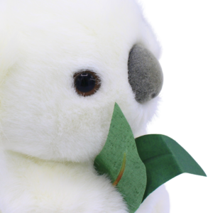 10667 Close Up of Australian Made White Koala with Eucalyptus Leaf Plush Toy 20cm
